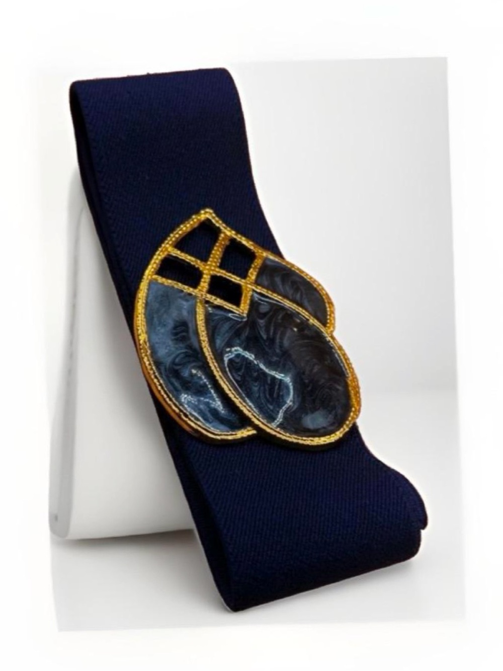 Vintage 80s Day-Lor Navy Stretch  Belt  Ornate Gold & Enamel Sz Medium